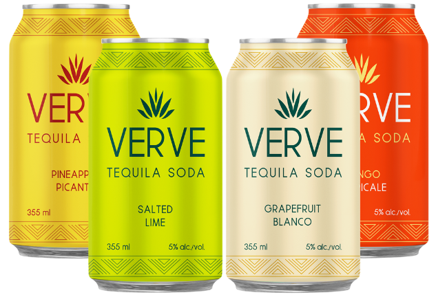 Four Tequila Soda Cans. Pineapple Picante, Salted Lime, Grapefruit Blanco and Mango Tropicale.